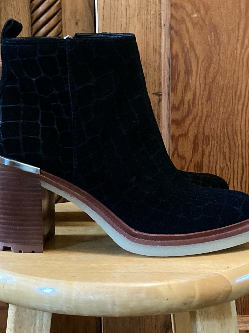 Vince Camuto Black Ankle Boots with Textured Suede and Chunky Heel